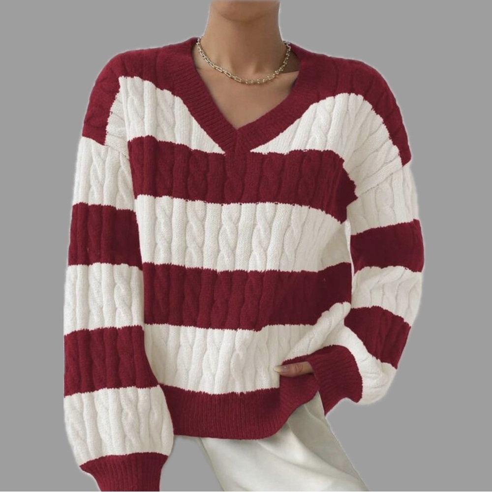 Red and White Striped Cable Knit V Neck Sweater